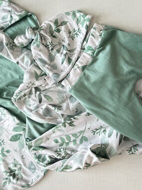 Mama Coco Baby Set Newborn Green Botanical Footed Pants Hat, Cocoon Swaddle,